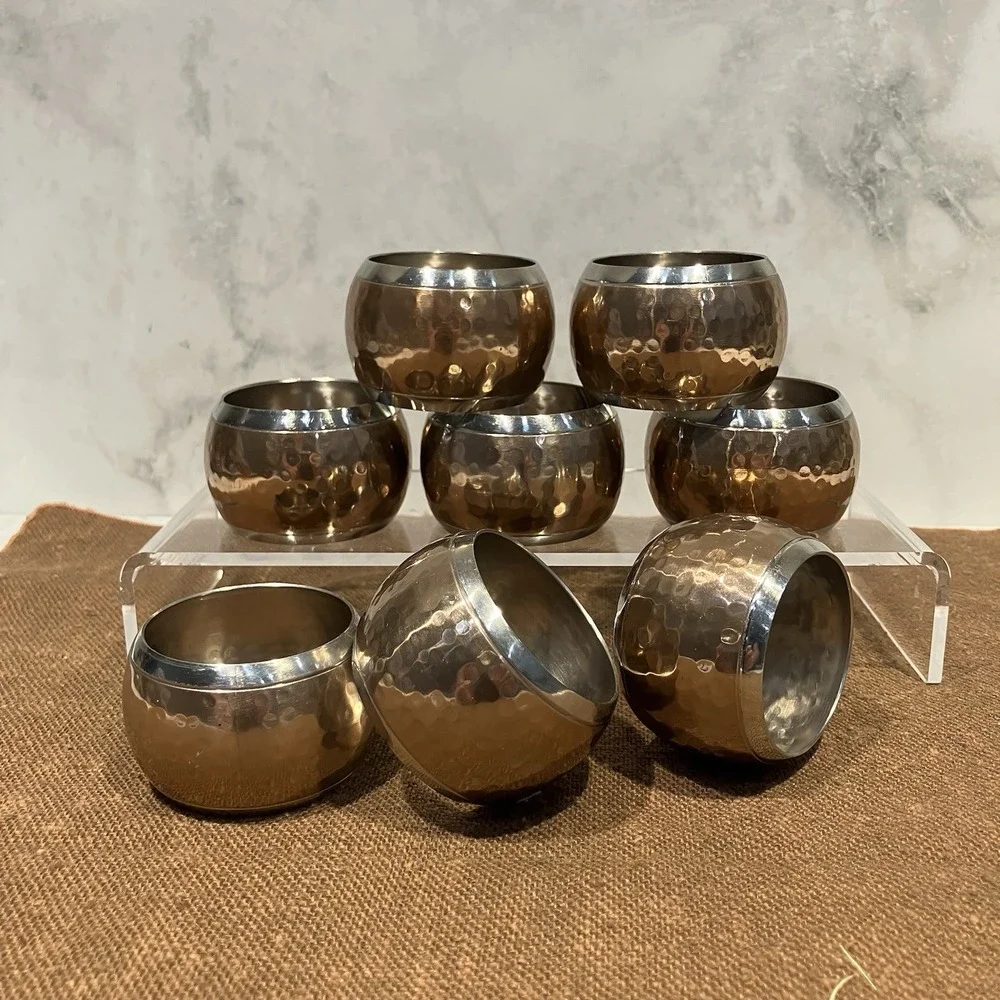 Two-Tone Copper and Silver Tone Hammered Napkin Ring Set of 8 - 1 3/8
